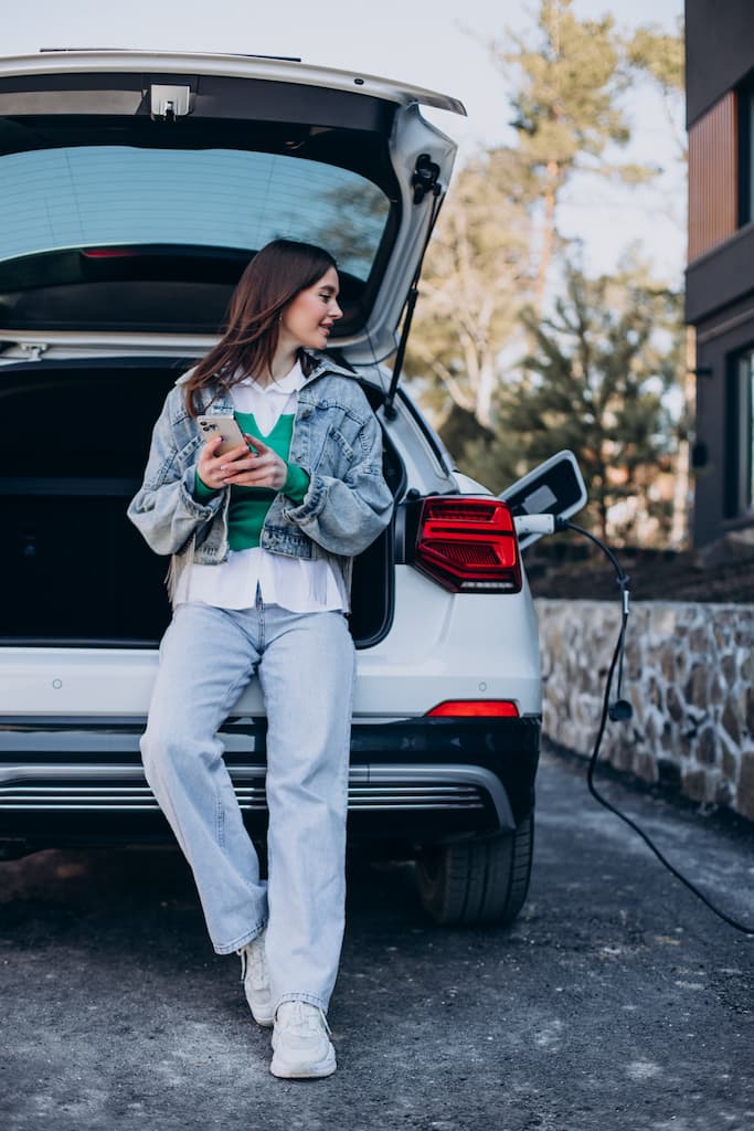 Une femme rechargeant sa voiture électrique